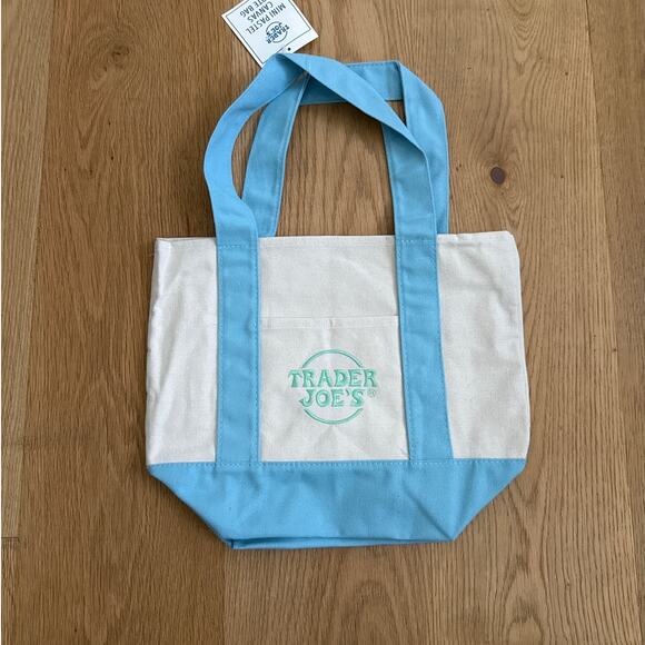 Trader Joe’s - Mini Tote Shopping Bag in Blue Beige & Green - Picture 2 of 2